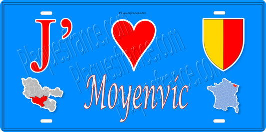 Plaque métal décorative 15 x 30 cm fond bleu carte J' ❤️ Moyenvic, canton du Saulnois Moselle 57