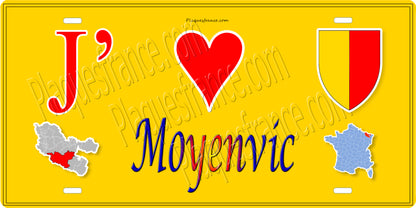 Plaque métal décorative 15 x 30 cm fond jaune carte J' ❤️ Moyenvic, canton du Saulnois Moselle 57