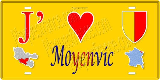 Plaque métal décorative 15 x 30 cm fond jaune carte J' ❤️ Moyenvic, canton du Saulnois Moselle 57