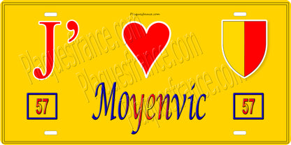 Plaque métal décorative 15 x 30 cm fond jaune 57 J' ❤️ Moyenvic, canton du Saulnois Moselle 57