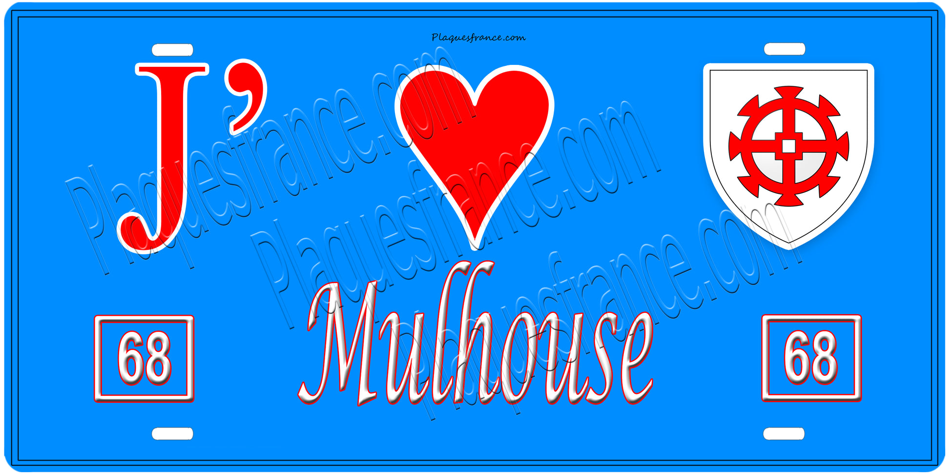 Plaque métal décorative, J' ❤️Mulhouse, Haut Rhin, fond  mur bleu 68