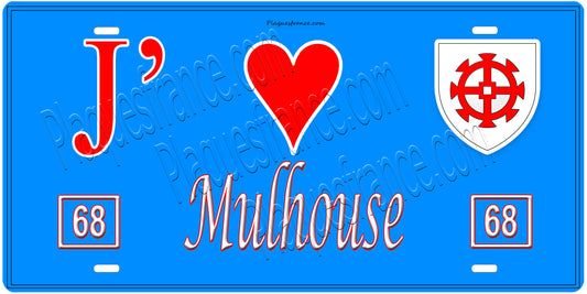 Plaque métal décorative, J' ❤️Mulhouse, Haut Rhin, fond  mur bleu 68
