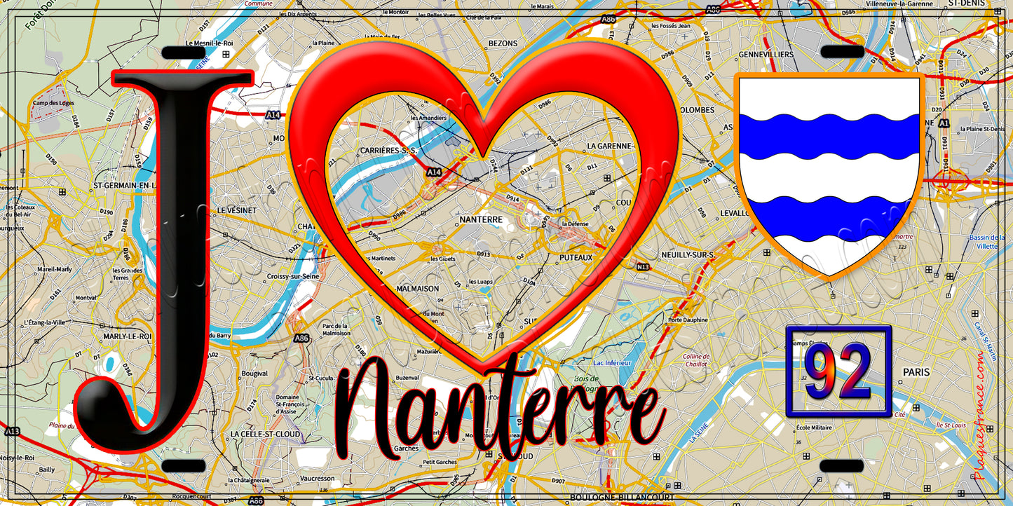 Plaque métal décorative  J' ❤️ Nanterre, Hauts de Seine (92) fond carte