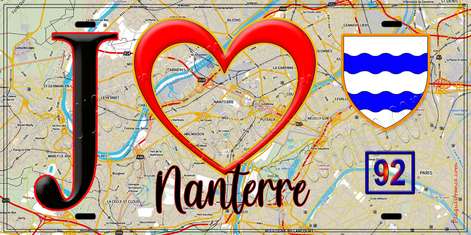 Plaque métal décorative  J' ❤️ Nanterre, Hauts de Seine (92) fond carte