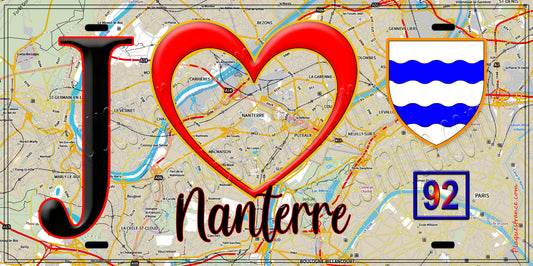 Plaque métal décorative  J' ❤️ Nanterre, Hauts de Seine (92) fond carte