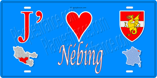 Plaque métal décorative 15 x 30 cm fond bleu carte J' ❤️ Nébing, canton du Saulnois Moselle 57