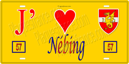 Plaque métal décorative 15 x 30 cm fond jaune 57 J' ❤️ Nébing, canton du Saulnois Moselle 57
