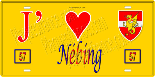 Plaque métal décorative 15 x 30 cm fond jaune 57 J' ❤️ Nébing, canton du Saulnois Moselle 57