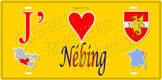 Plaque métal décorative 15 x 30 cm fond jaune carte J' ❤️ Nébing, canton du Saulnois Moselle 57