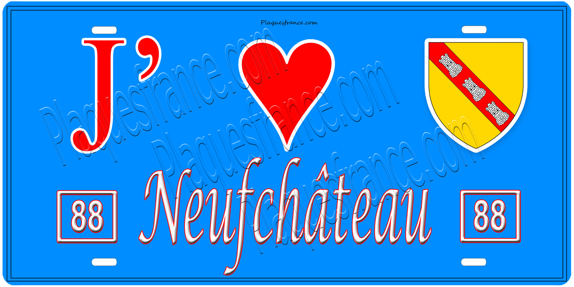 Plaque métal décorative, J' ❤️Neufchâteau, fond  mur bleu 88