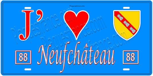 Plaque métal décorative, J' ❤️Neufchâteau, fond  mur bleu 88
