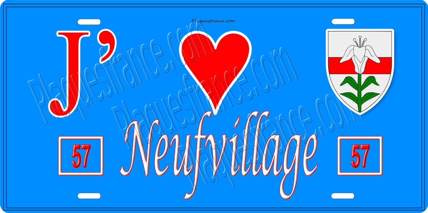 Plaque métal décorative  J' ❤️Neufvillage, fond bleu 57