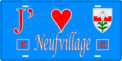 Plaque métal décorative  J' ❤️Neufvillage, fond bleu 57