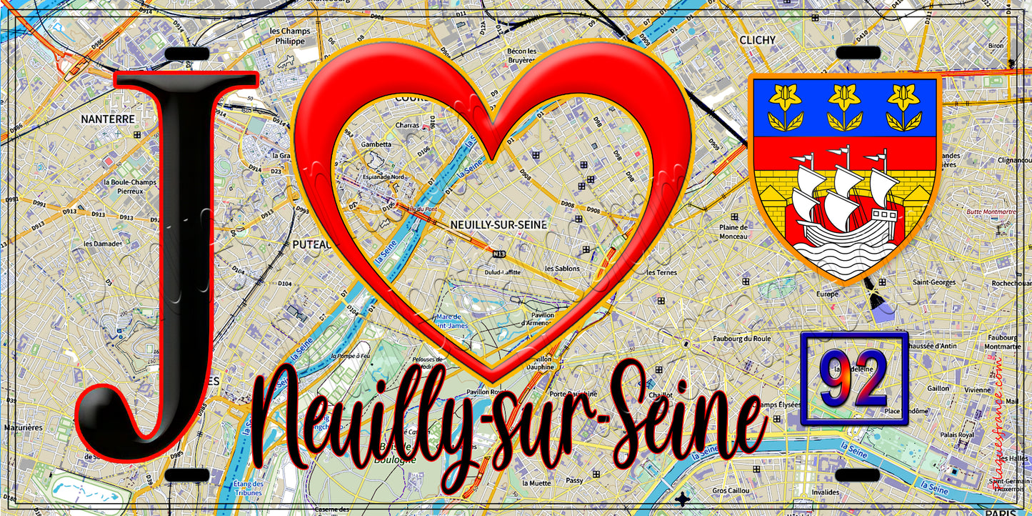 Plaque métal décorative  J' ❤️ Neuilly-sur-Seine, Hauts de Seine (92)
