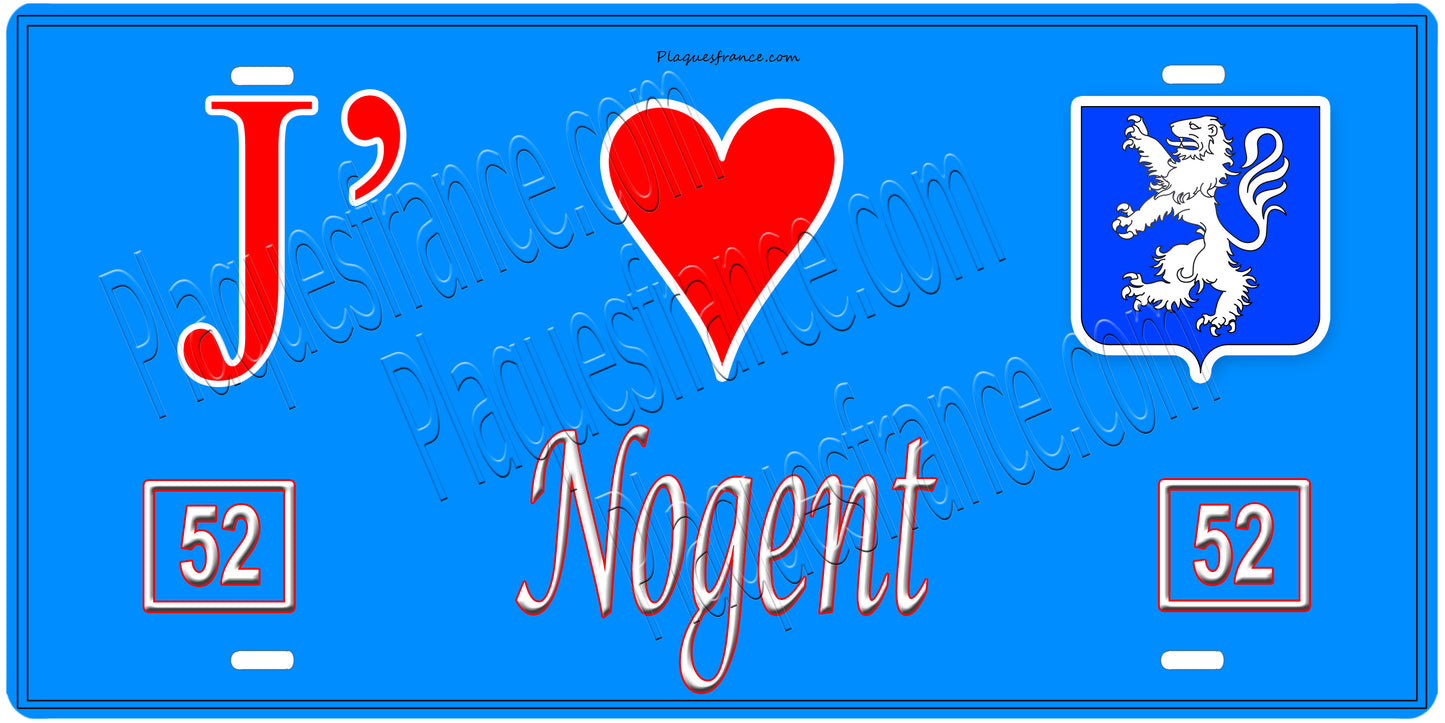 Plaque métal décorative, J' ❤️Nogent, Haute Marne, fond  mur bleu 52