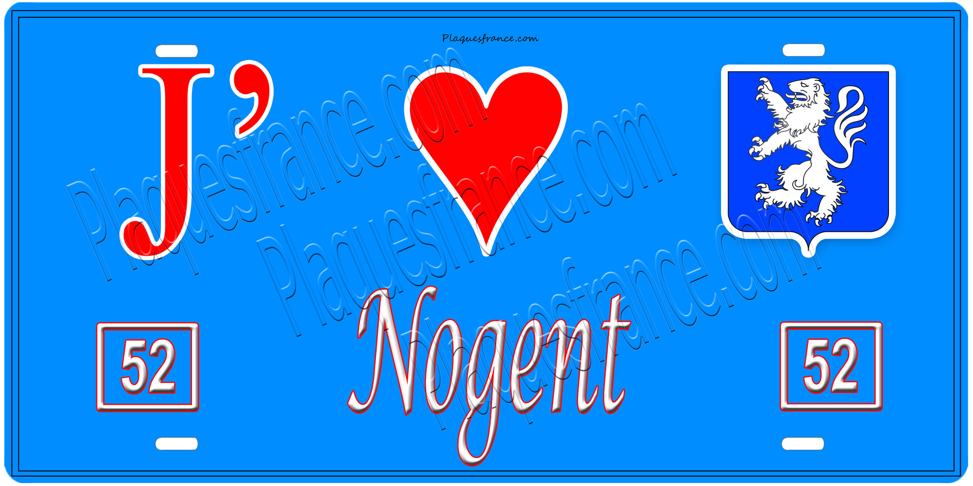 Plaque métal décorative, J' ❤️Nogent, Haute Marne, fond  mur bleu 52