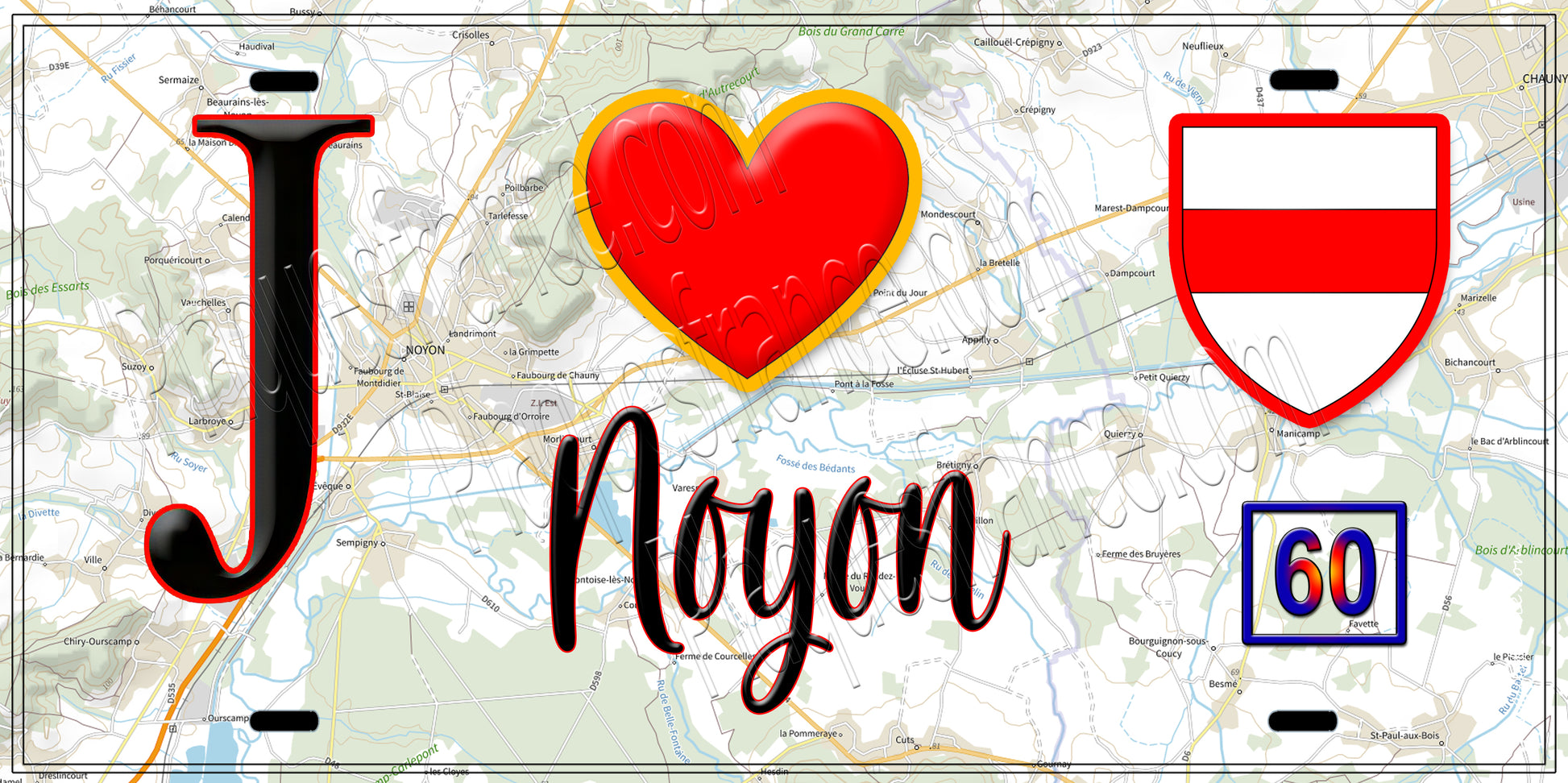 Plaque métal décorative  J' ❤️ Noyon, Oise (60)