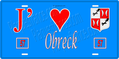 Plaque métal décorative 15 x 30 cm fond bleu 57 J' ❤️Obreck, canton du Saulnois Moselle 57