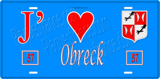Plaque métal décorative 15 x 30 cm fond bleu 57 J' ❤️Obreck, canton du Saulnois Moselle 57