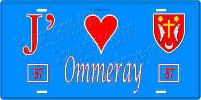 Plaque métal décorative 15 x 30 cm fond bleu 57 J' ❤️Ommeray, canton du Saulnois Moselle 57