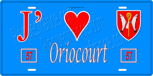 Plaque métal décorative 15 x 30 cm fond bleu 57 J' ❤️Oriocourt, canton du Saulnois Moselle 57