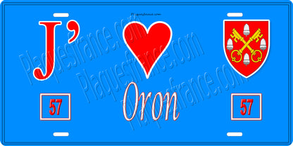 Plaque métal décorative 15 x 30 cm fond bleu 57 J' ❤️Oron, canton du Saulnois Moselle 57