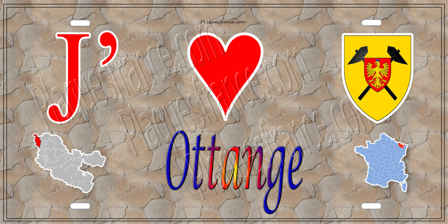 Plaque métal décorative 15 x 30 cm fond mur antique carte J' ❤️ Ottange, canton Algrange Moselle 57