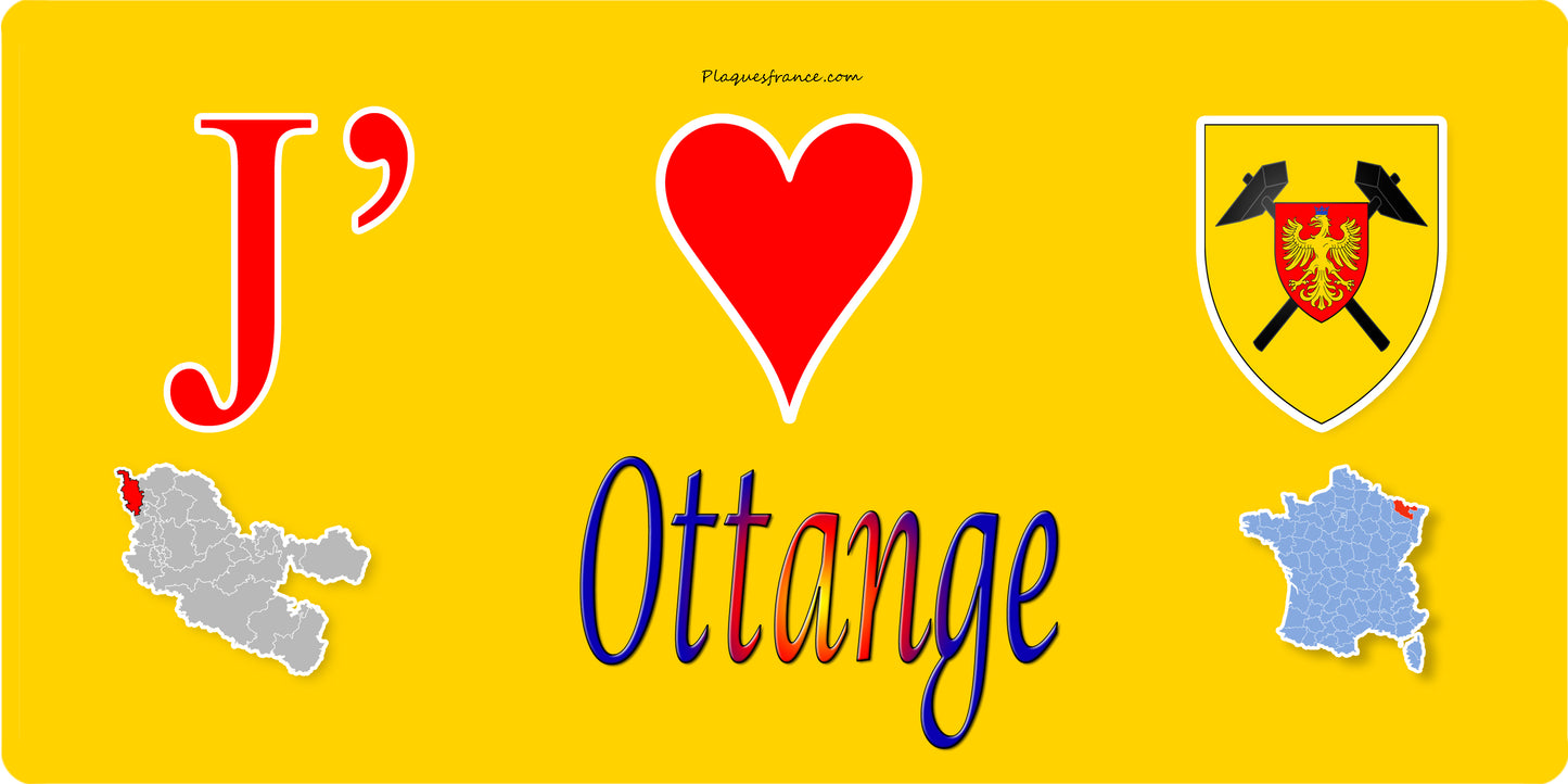Plaque métal décorative 15 x 30 cm fond mur jaune carte J' ❤️ Ottange, canton Algrange Moselle 57