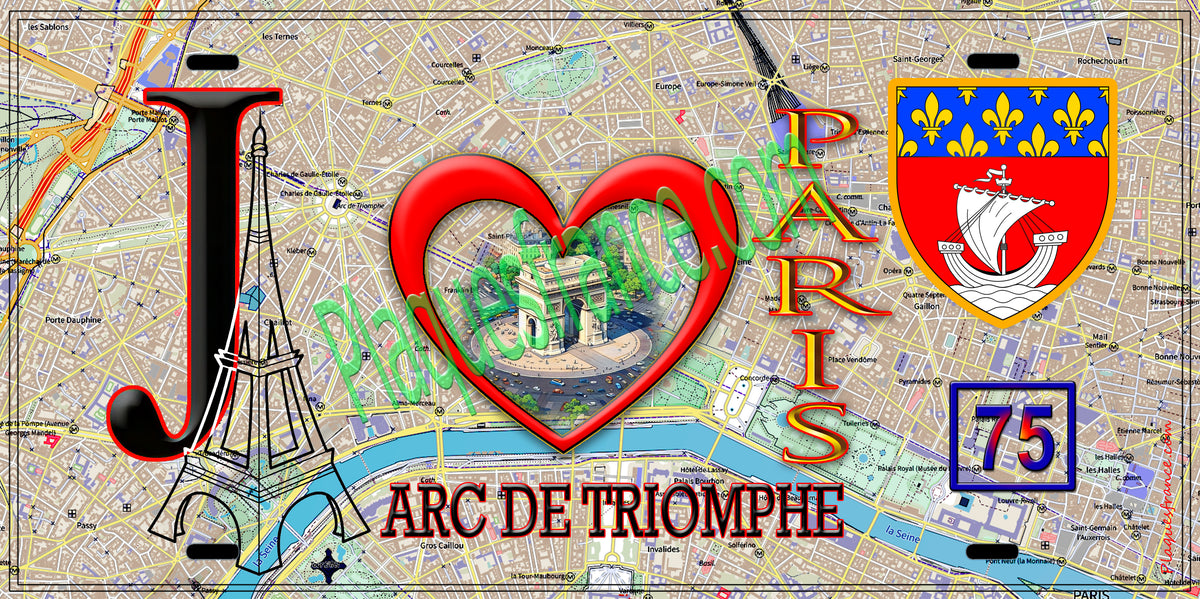 Plaque métal décorative, J'❤️ Paris, Arc de Triomphe
