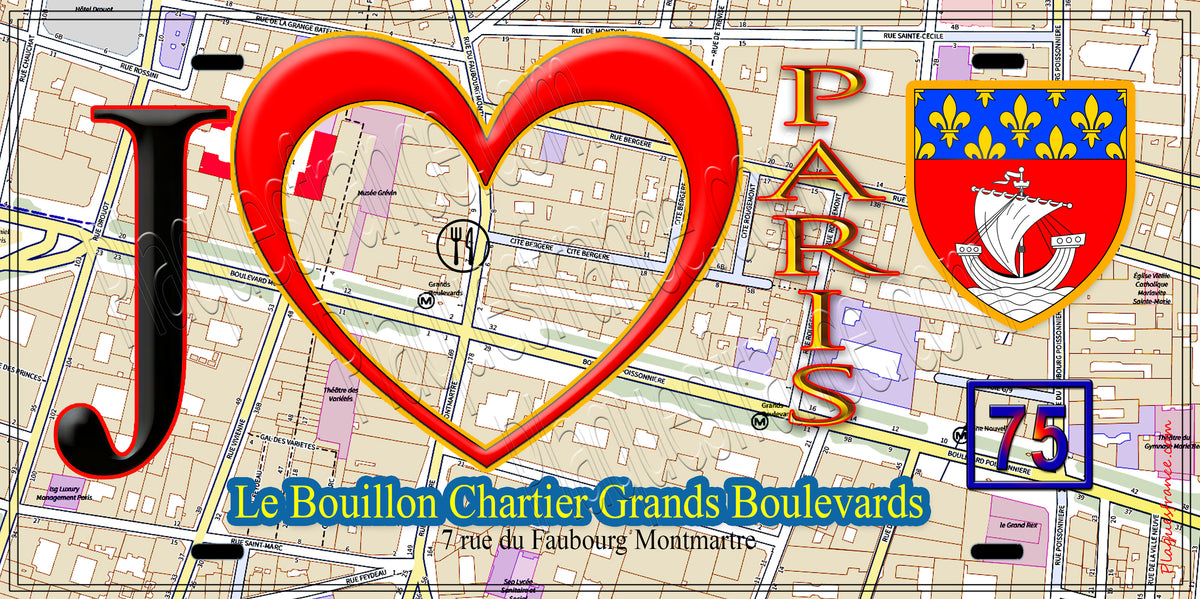 Plaque métal décorative  J' ❤️ Paris : Bouillon Chartier Grands Boulevards