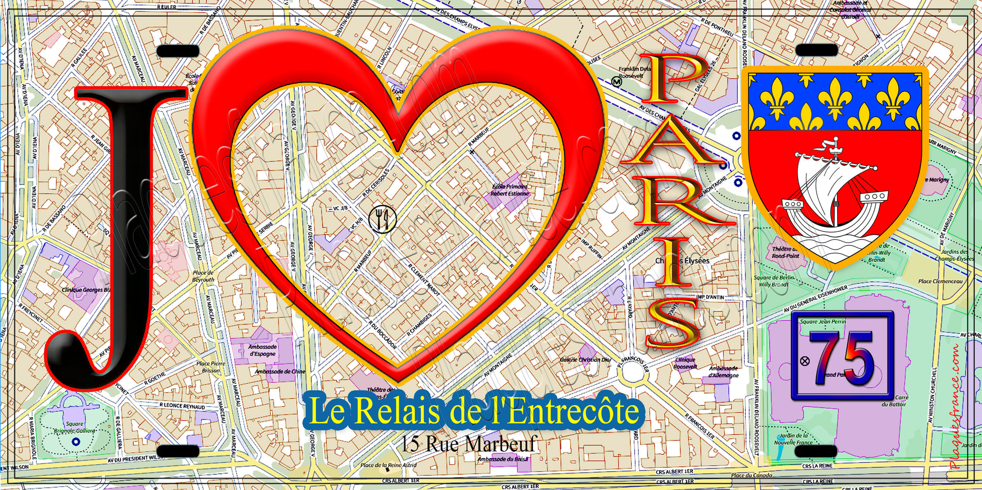 Plaque métal décorative  J' ❤️ Paris : Le Relais de l’Entrecôte – Marbeuf