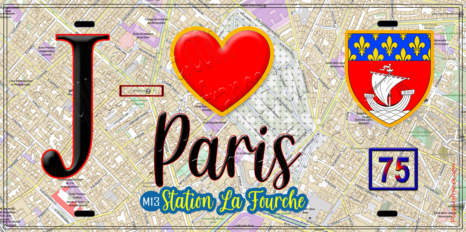 Plaque métal décorative  J' ❤️ Paris : Métro Station La Fourche