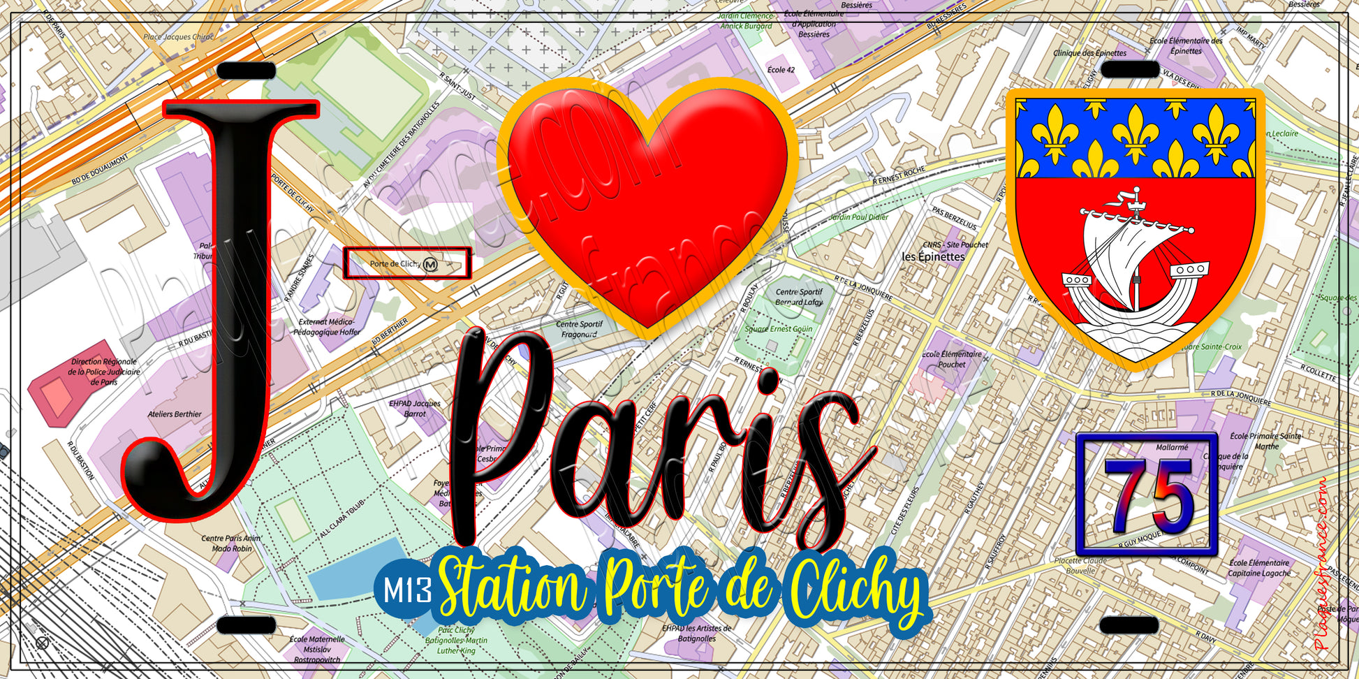 Plaque métal décorative  J' ❤️ Paris : Métro Station Porte de Clichy