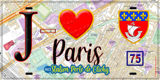Plaque métal décorative  J' ❤️ Paris : Métro Station Porte de Clichy