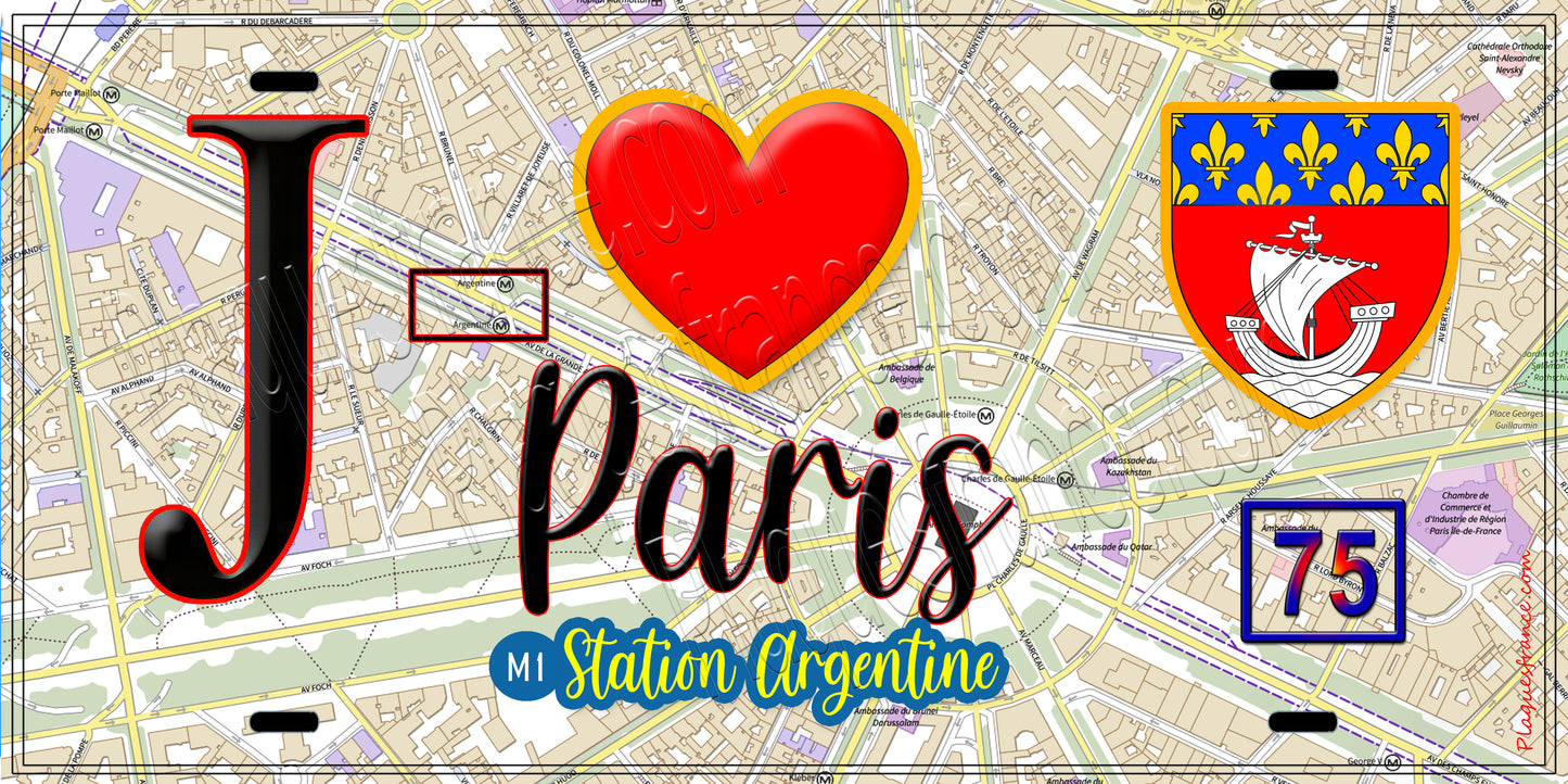 Plaque métal décorative  J' ❤️ Paris : Métro Station Argentine