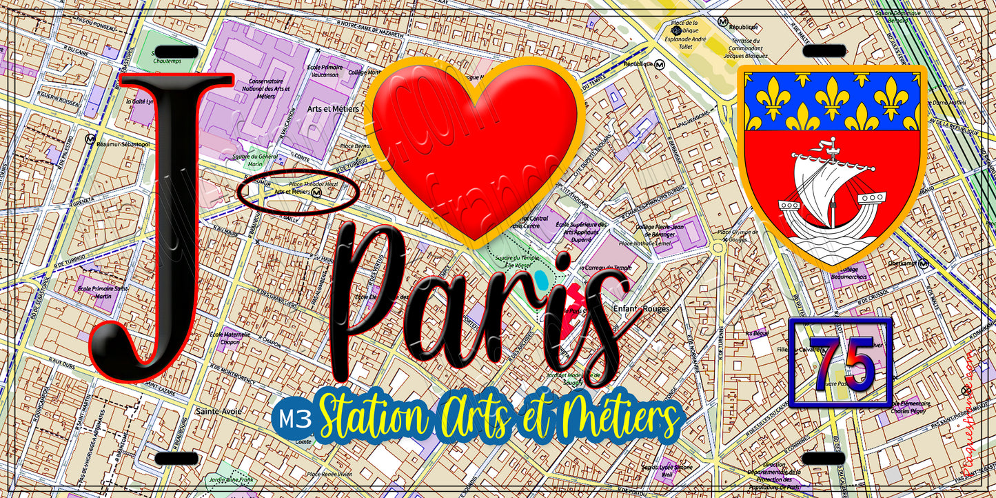 Plaque métal décorative  J' ❤️ Paris : Métro Arts et Métiers