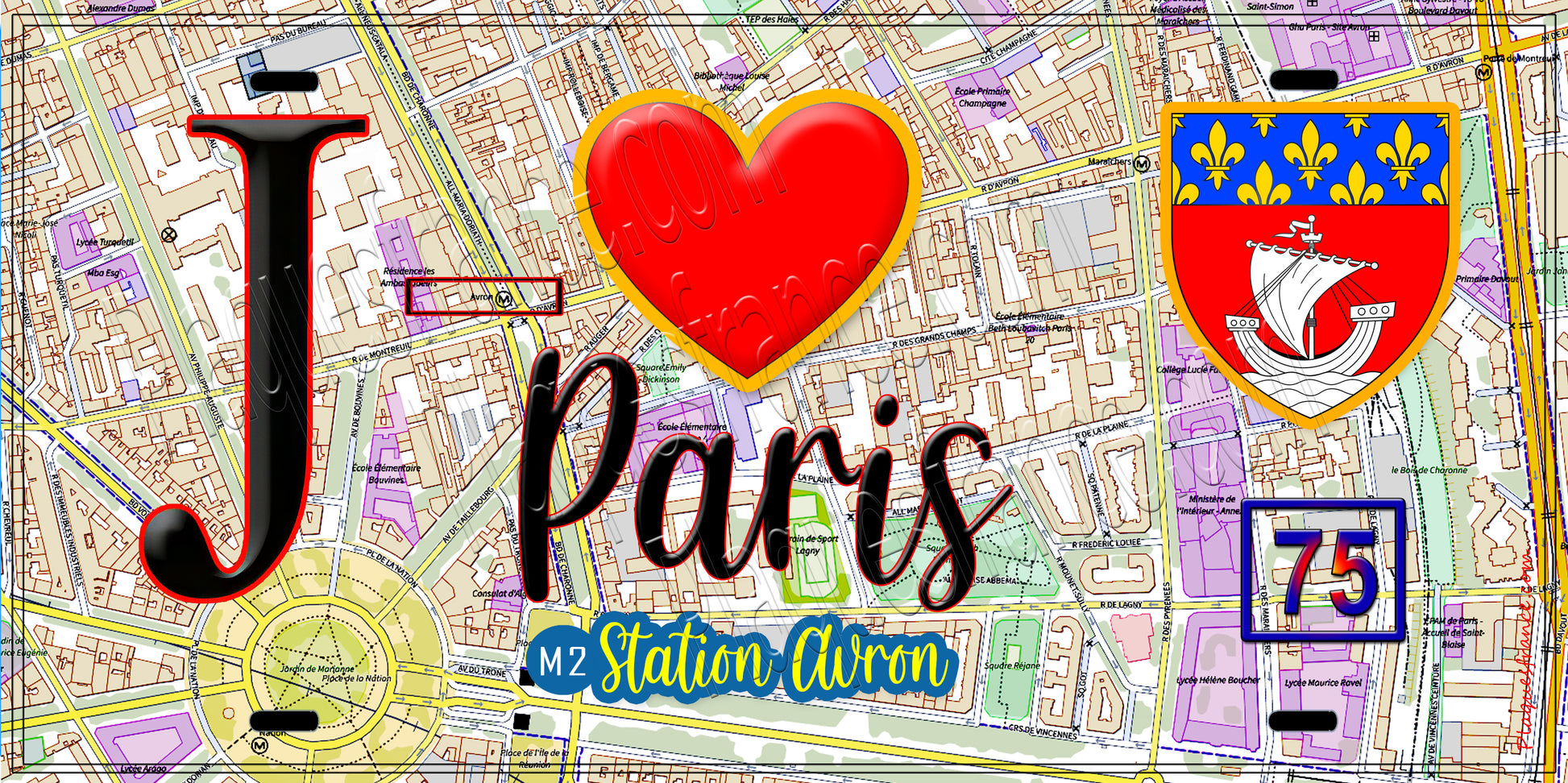 Plaque métal décorative  J' ❤️ Paris : Métro Station Avron