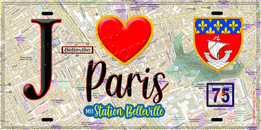 Plaque métal décorative  J' ❤️ Paris : Métro Station Belleville