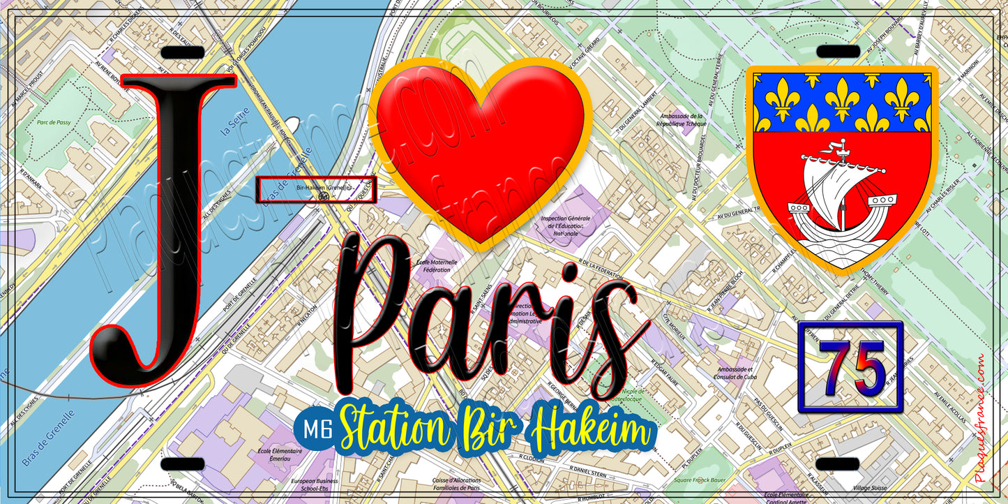 Plaque métal décorative  J' ❤️ Paris : Métro Station Bir‑Hakeim