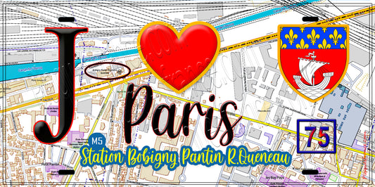 Plaque métal décorative  J' ❤️ Paris : Métro Bobigny – Pantin – Raymond Queneau