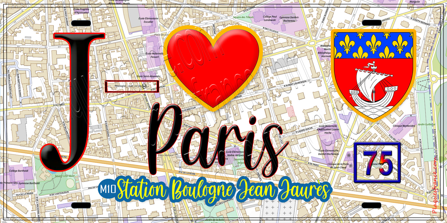 Plaque métal décorative  J' ❤️ Paris : Métro Station Boulogne – Jean Jaurès