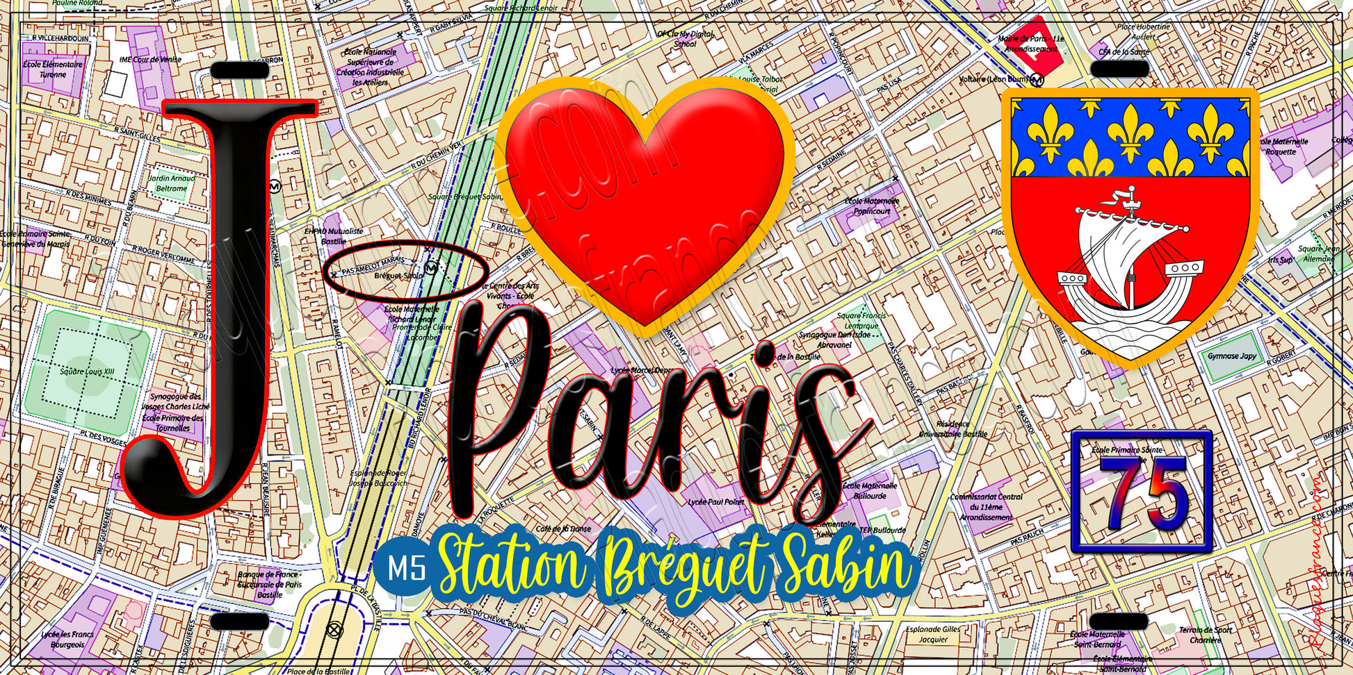 Plaque métal décorative  J' ❤️ Paris : Métro Station Bréguet – Sabin