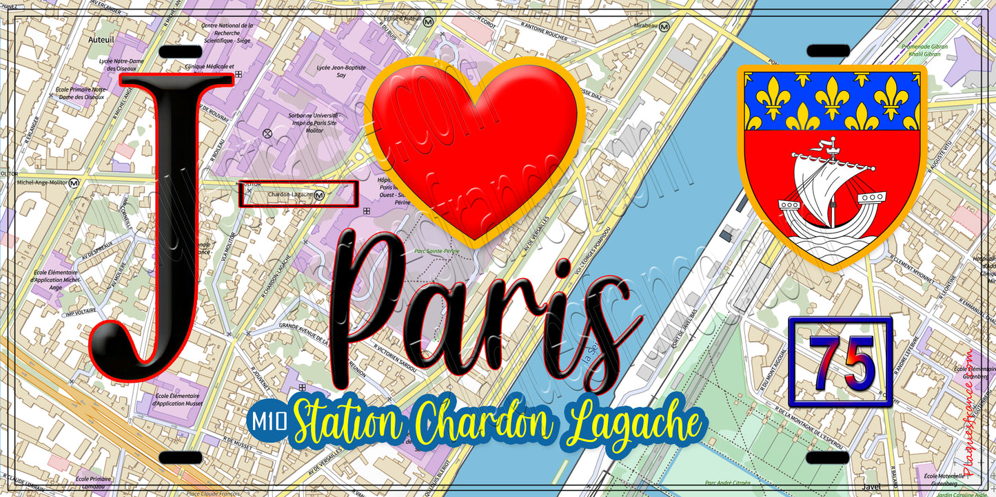 Plaque métal décorative  J' ❤️ Paris : Métro Station Chardon‑Lagache