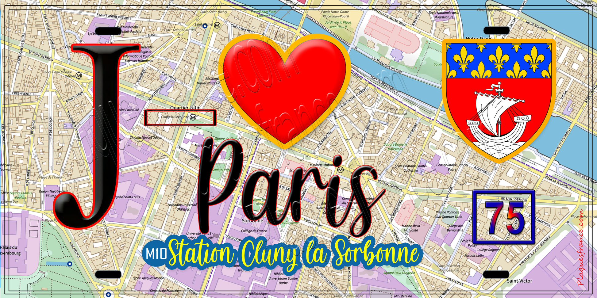 Plaque métal décorative  J' ❤️ Paris : Métro Station Cluny – La Sorbonne