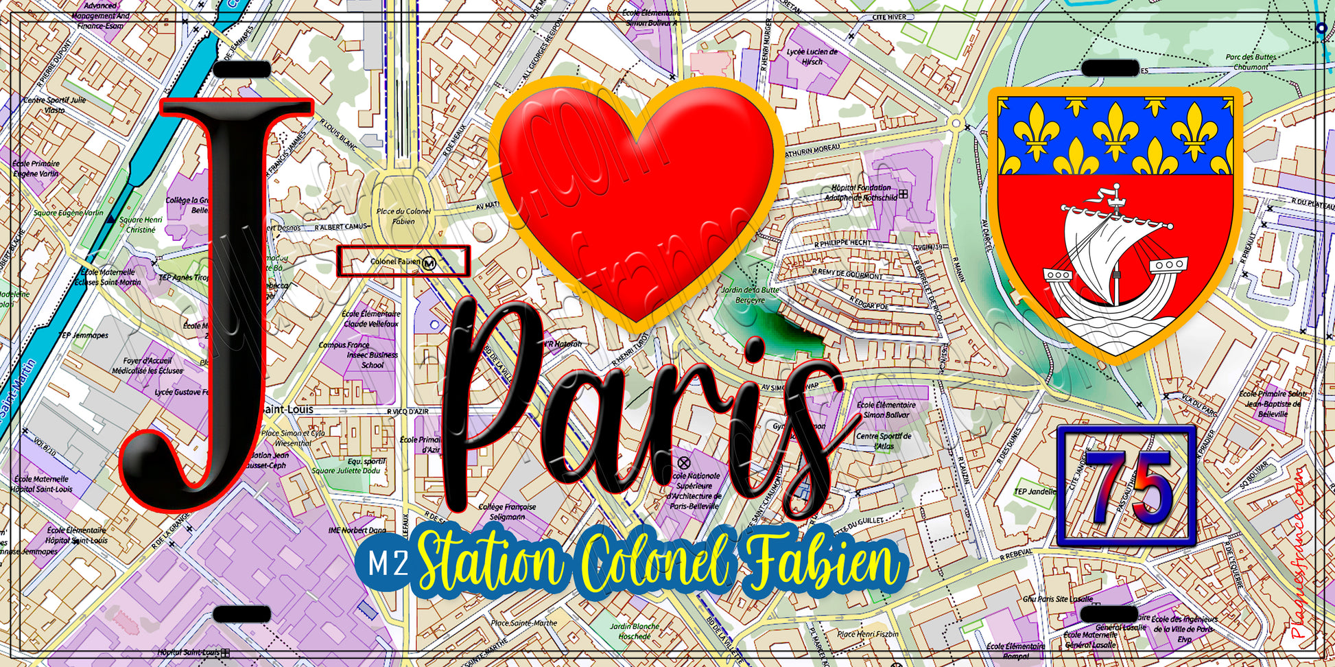 Plaque métal décorative  J' ❤️ Paris : Métro Station Colonel Fabien