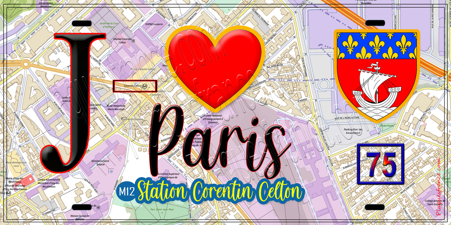 Plaque métal décorative  J' ❤️ Paris : Métro Station Corentin Celton