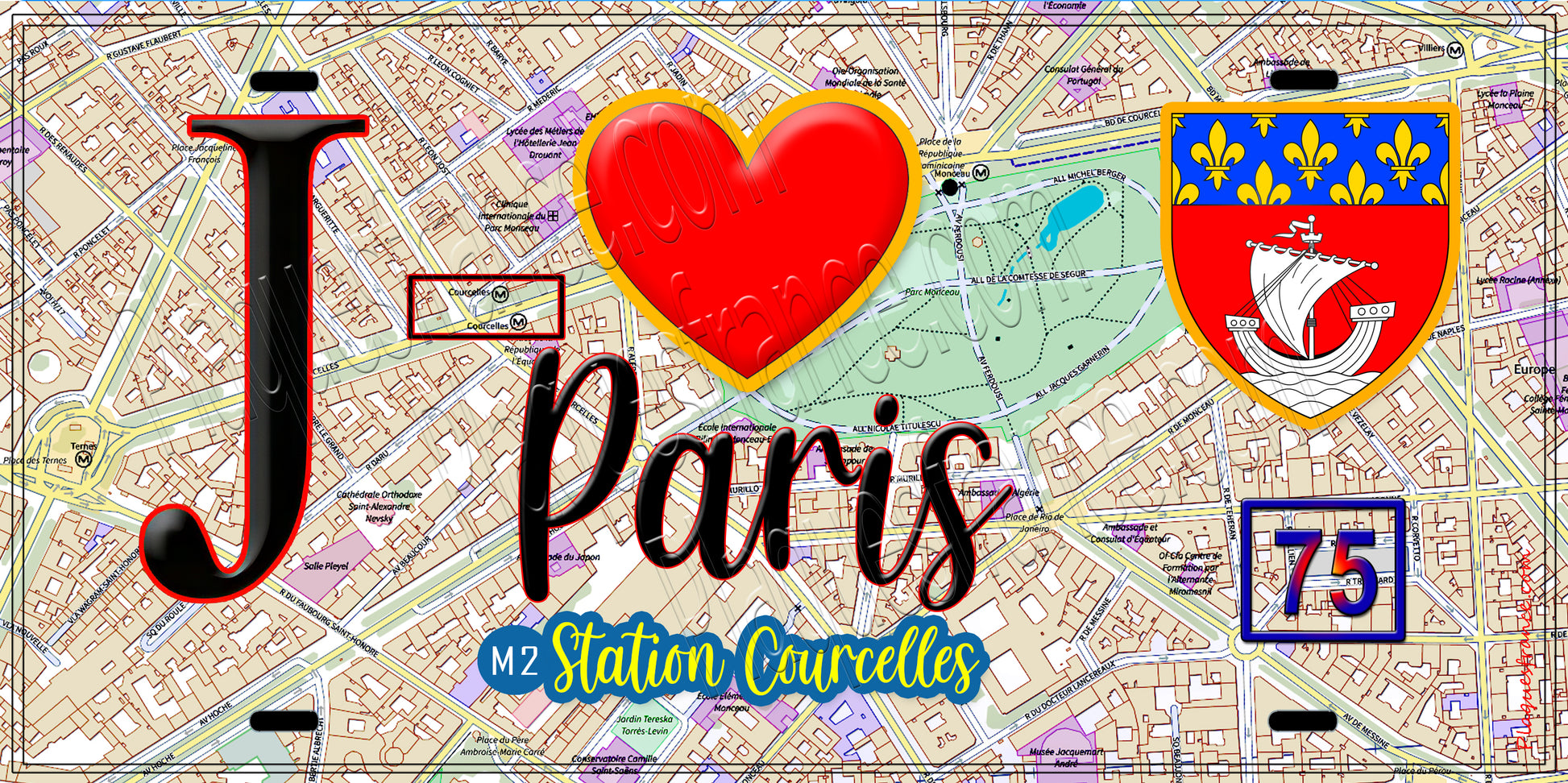 Plaque métal décorative  J' ❤️ Paris : Métro Station Courcelles