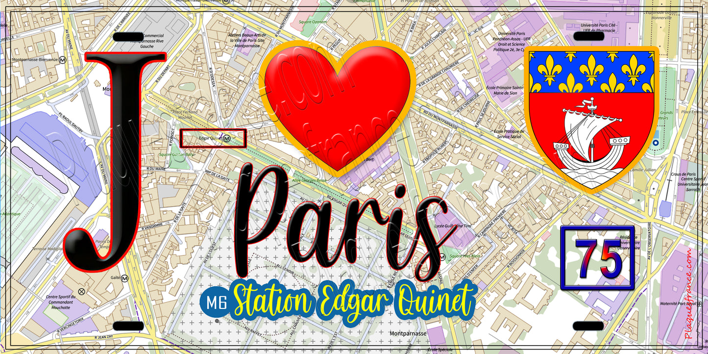 Plaque métal décorative  J' ❤️ Paris : Métro Station Edgar Quinet