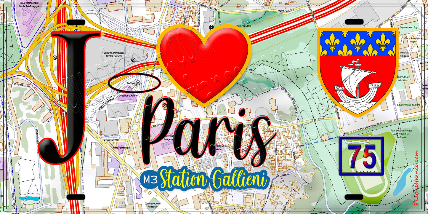 Plaque métal décorative  J' ❤️ Paris : Métro Gallieni