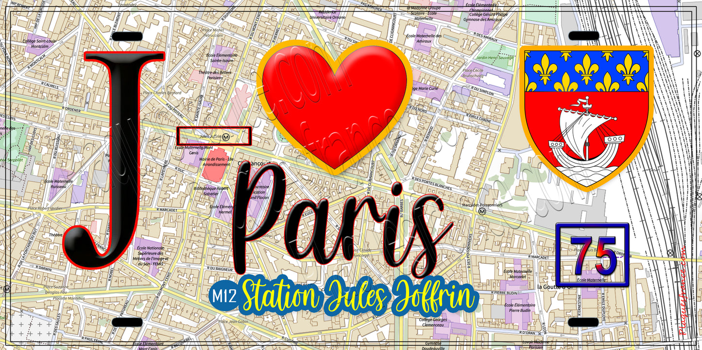 Plaque métal décorative  J' ❤️ Paris : Métro Station Jules Joffrin